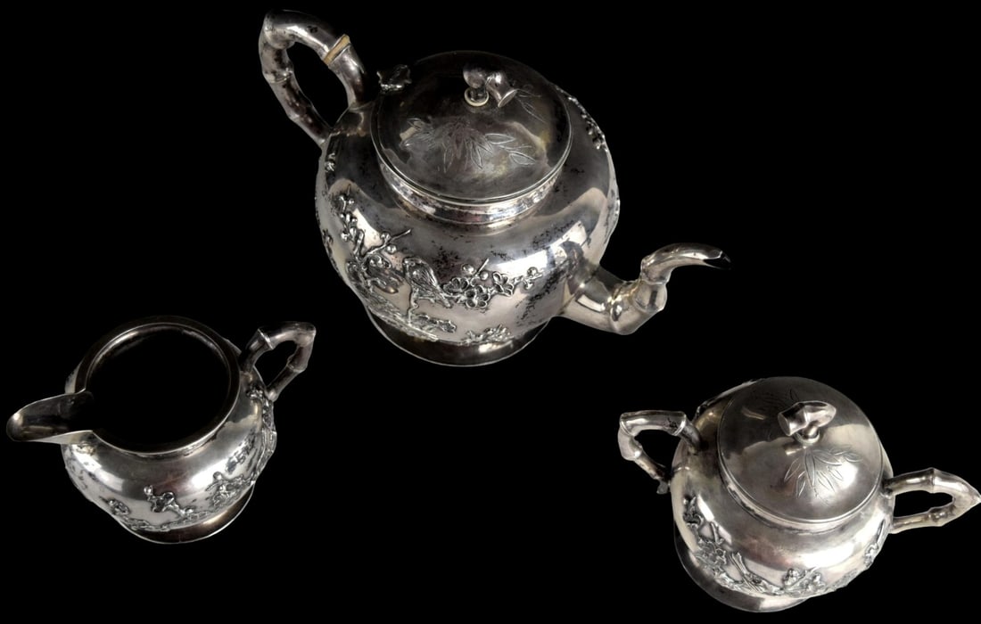 Chinese Export Golden Dragon Workshop Pure Silver Tea Set - 6