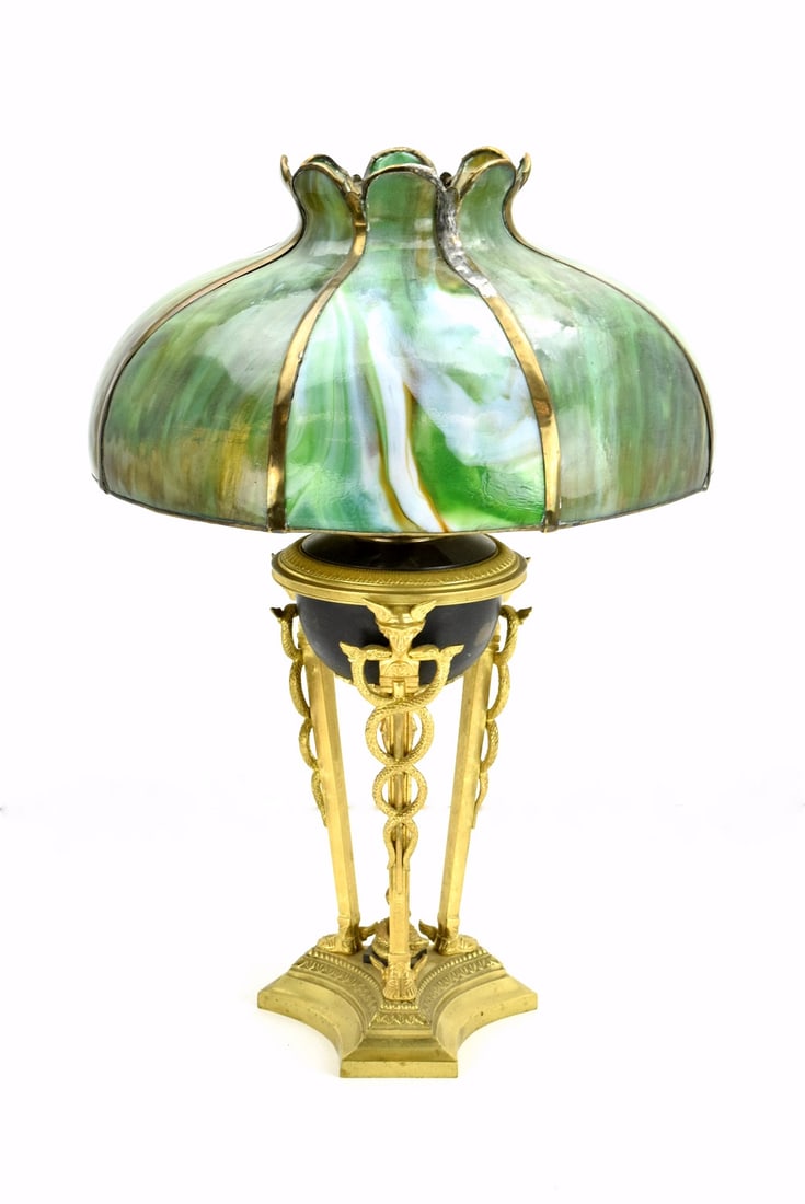 EXCLUSIVE ANTIQUE MERCURY HERMES DORE BRONZE LAMP: Very fine antique French Dore bronze lamp with slag glass shade decorated with Greek god Mercury Hermes. Exclusive details and quality. Not electrified. Signed with maker's name ( hard to read ).