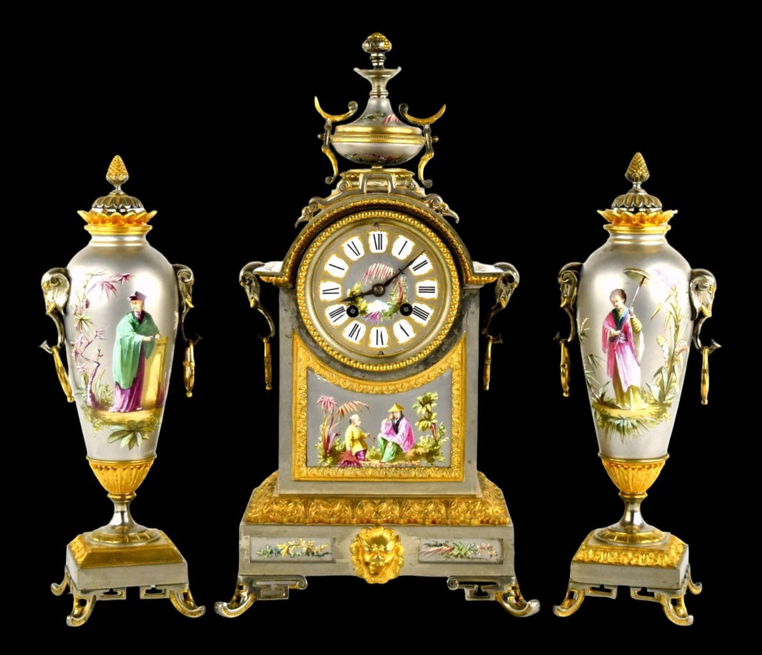 French Enamel Gilt Bronze Chinoiserie 3 Piece Garniture Mantel Clock Set (1 of 20)