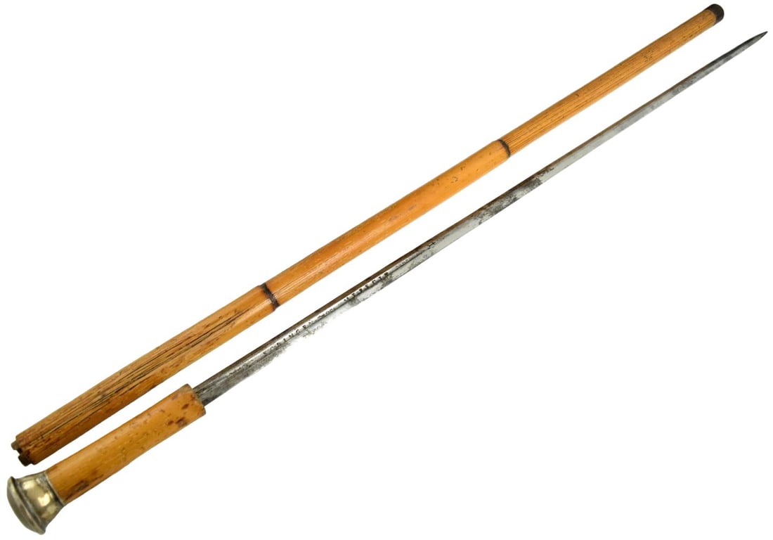 19th Century Victorian Bamboo Sword Cane with Monogrammed Metal Pommel, steel blade of 18th Century (1 of 20)