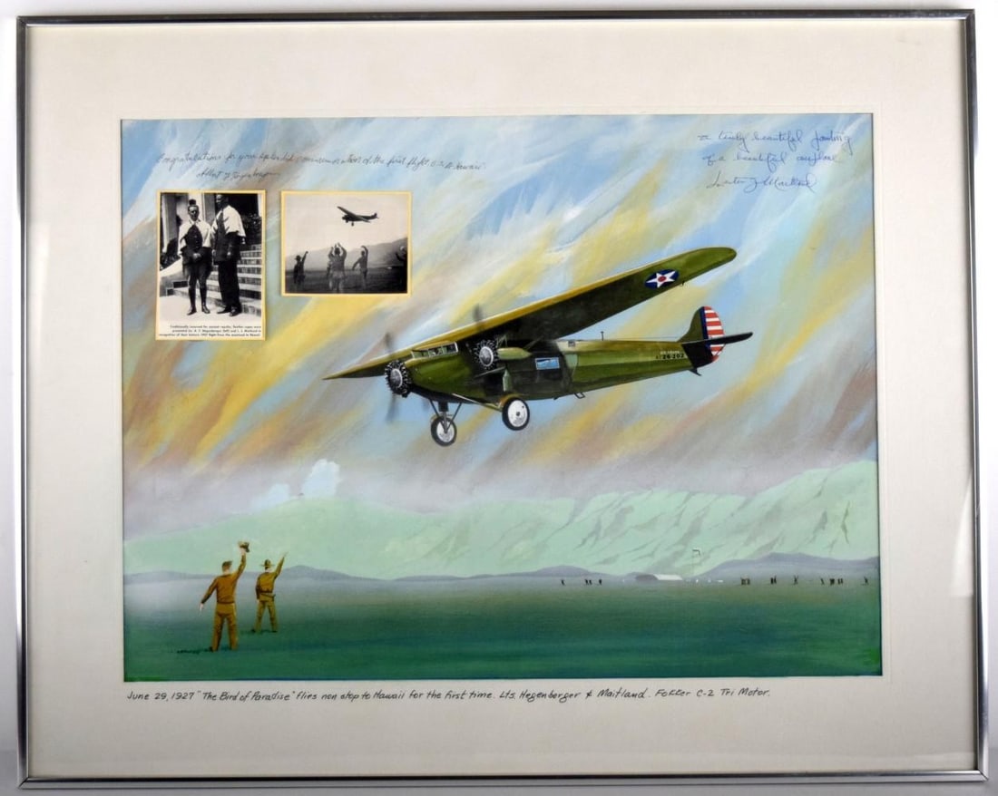 Original Painting Bird Of Paradise Airplane Autographed By L.Maitland and A.Hegenberger (1 of 10)