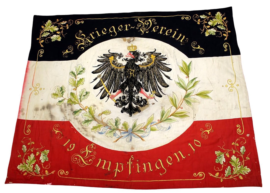 Exceptional Imperial German Kriegerverein Banner of Empfingen, c.1890-1914, Hand-Painted & Gold: An exceptionally decorative Imperial German veterans' association (Kriegerverein) silk banner dating to the late Imperial period, circa 1890–1914. The obverse displays the inscription "Krieger-Verei
