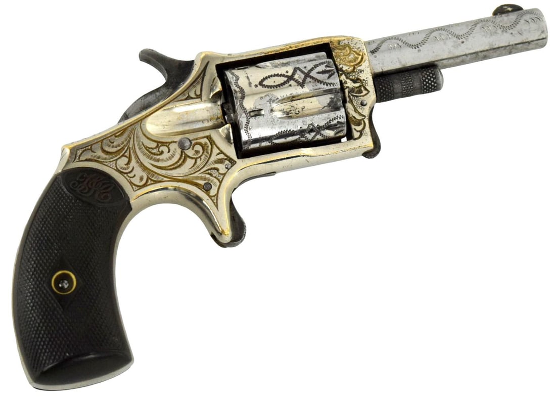 Factory Engraved Hopkins & Allen Single Action Revolver: Engraved Hopkins & Allen Mfg Co. 32 caliber pistol made in the United States. Nickel plated single-action 5-shot spur triggered.Hopkins & Allen was famous for manufacturing a variety of popular .32 ca