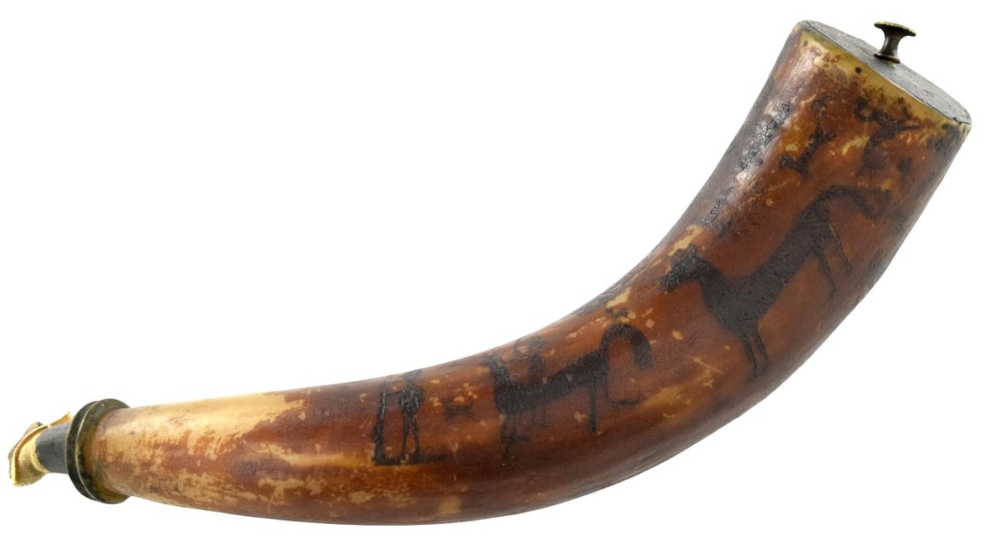 Early Engraved And Darkened Animal Figures Powder Horn: Early antique decorated powder horn with engraved and darkened animal figures, horseback man with sword, native with bow. Size: 14 1/2", 3 1/2" widest bottom part. For additional images please visit