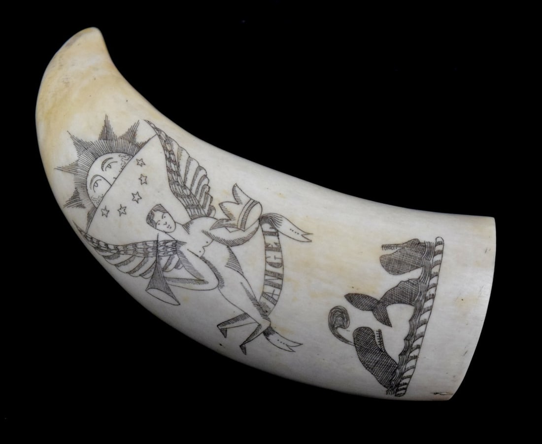 Whale Tooth Scrimshaw Angel and Whale Hand Carved Scene (1 of 5)