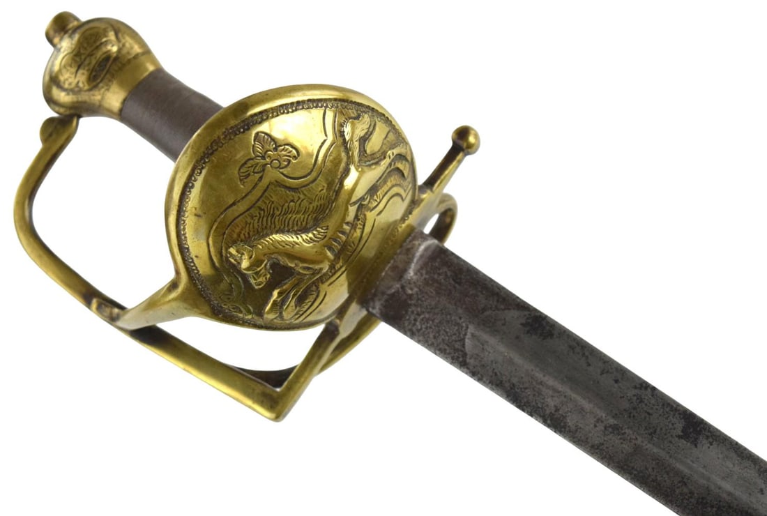 British 18th Century Infantry Officer's Spadroon Sword, circa 1780–1800 ~ Possible used during: A fine late 18th-century British infantry officer's spadroon sword featuring a gilt brass hilt of elegant neoclassical form. The hilt is fitted with a single knuckle bow joined to a double side guard 