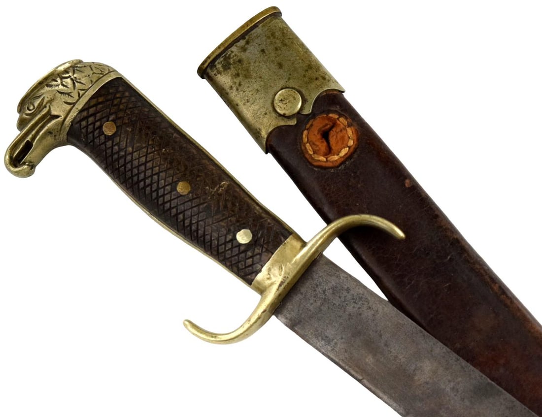 Nice 19th C. Mexican Military Machete Sword with Eagle Head Pommel: Nice 19th C. Mexican Military Machete Sword with Eagle Head Pommel. scabbard bearing name. Total length (inside scabbard if present) : 32 5/8", Blade length : 22 1/4". ~ . For additional images please