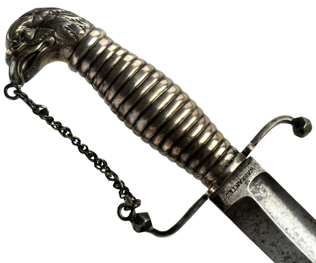 US Revolutionary War Period Eagle-Head Officers / Militia Saber with Ribbed Silver Hilt & Chain (1 of 20)