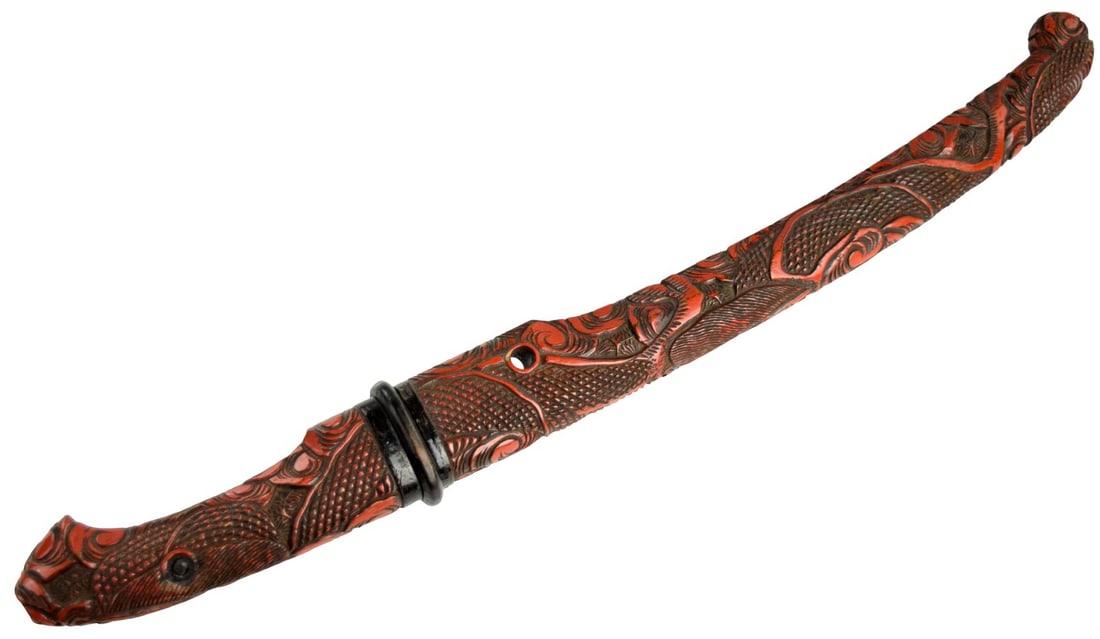 Rare Edo Japanese Samurai Kabutowari (Helmet Breaker) in Carved Red Lacquer Mounts ~signed: Rare Japanese iron kabutowari (helmet breaker), mounted in an exceptionally well-carved red and black lacquer wooden koshirae. The forged iron weapon features a slender, tapering blade with the charac
