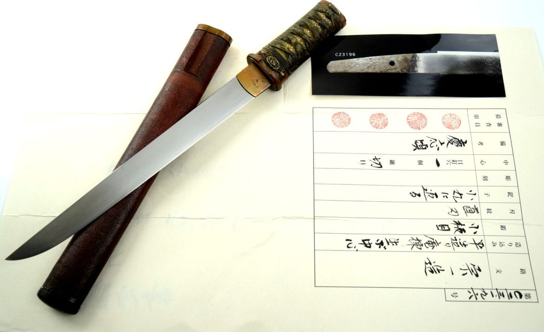Nice Japanese Samurai Tanto Knife with Papers ~ Signed Munekazu Tsukuru: Nice Japanese Samurai Tanto Knife with Papers. Signed Blade Munekazu Tsukuru; the NTHK-NPO papers suggest Keio era, ca. mid 1860s with nice copper mounts. Total length (inside scabbard if present): 15