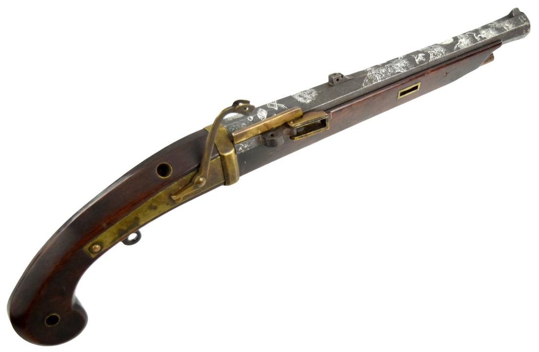 Rare Antique Japanese Samurai Matchlock Pistol Gun with Beautiful Silver with Family Mon to Barrel.: Rare Antique Japanese Samurai Matchlock Pistol Gun with Beautiful Silver with Family Mon to Barrel. Total length : 18".~~ For additional images please visit sofedesignauctions.com