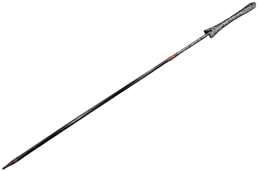 Fine Japanese Edo Period Raden-Mounted Yari with Mother-of-Pearl Inlaid Shaft: An elegant Japanese Edo period yari mounted in an exceptional raden (mother-of-pearl) decorated koshirae. The spear measures an impressive 98 inches overall, and retains its original 9 3/8 inch forged