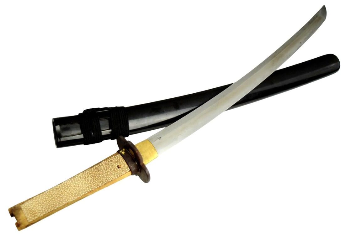 Japanese Wakizashi with Samegawa Hilt and Black Lacquer Saya, Late Edo: A Japanese wakizashi mounted in civilian koshirae dating to the late Edo or early Meiji period (19th century). The sword features a polished single-edged blade with well-defined shinogi-zukuri geometr