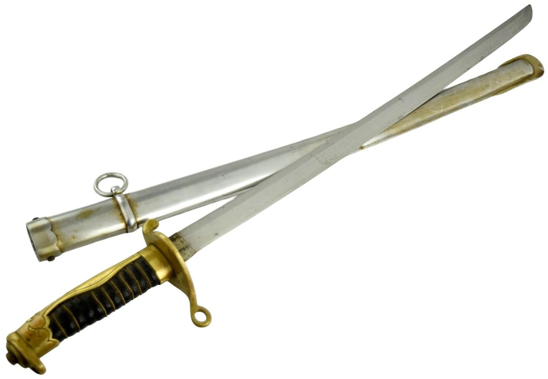 Japanese WWII Occupation Police Sidearm with Scabbard: Japanese police or occupation authority sidearm dating to the World War II period, housed in its original nickel-plated steel scabbard with suspension ring. The hilt features gilt brass mounts with bl