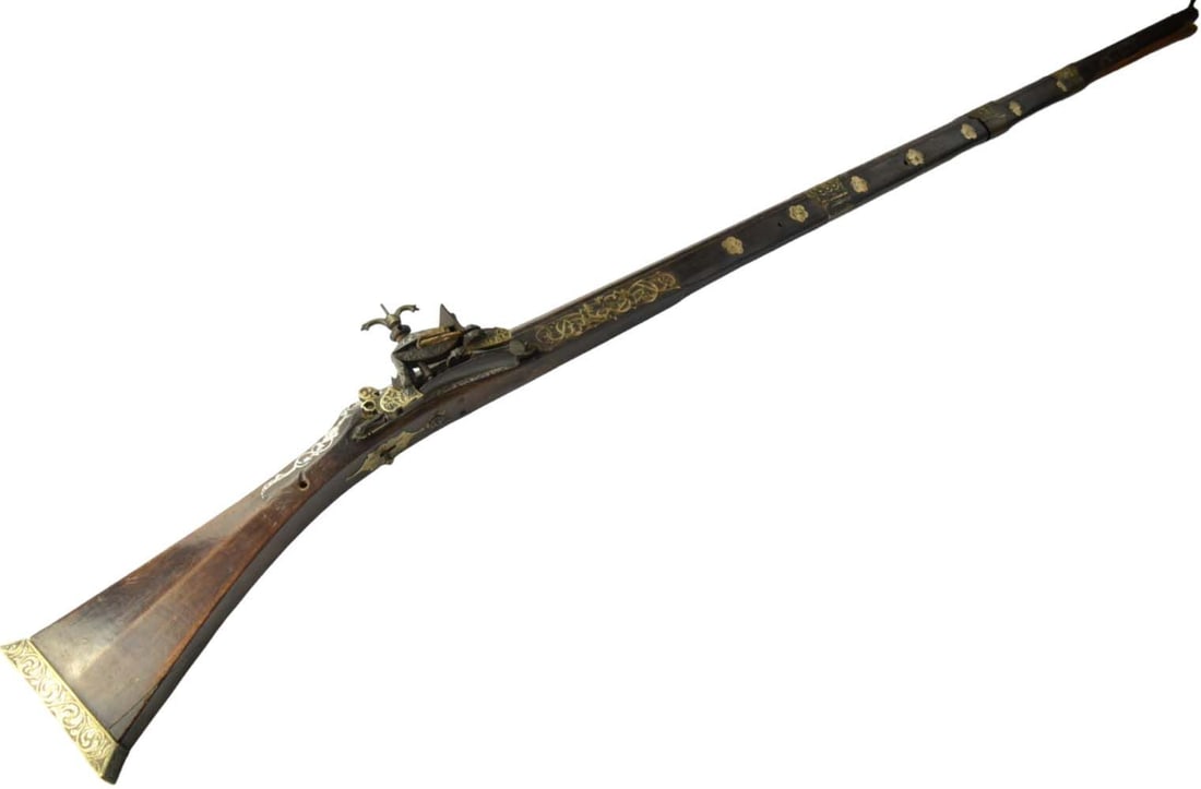 Very Nice 19th C. Arabic Algerian Long Rifle, Fine Silver and Brass Mounts. Engraved Islamic: Very Nice 19th C. Arabic Algerian Long Rifle, Fine Silver and Brass Mounts. Engraved Islamic Signature on the Lock. Numbered and Marked Barrel. Total length (inside scabbard if present): 60 1/2", Barr