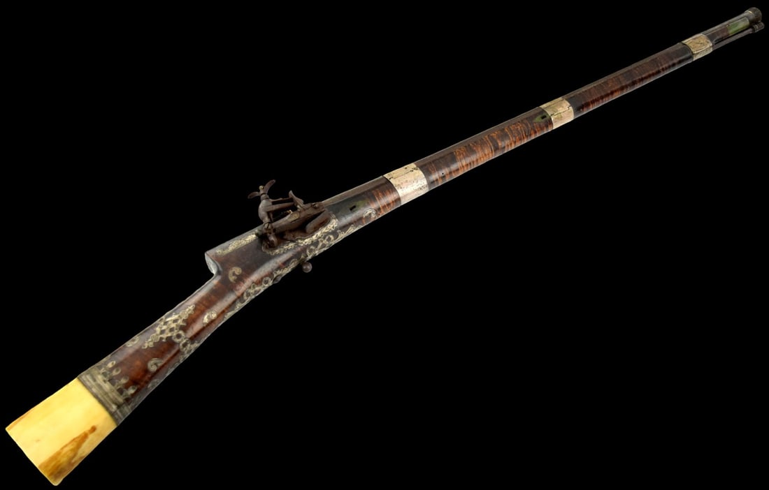 RARE 18th C. Ottoman/Turkish Miquelet Flintlock Gun w/ Silver Inlay & Gold Arabic Script, Signed and (1 of 20)