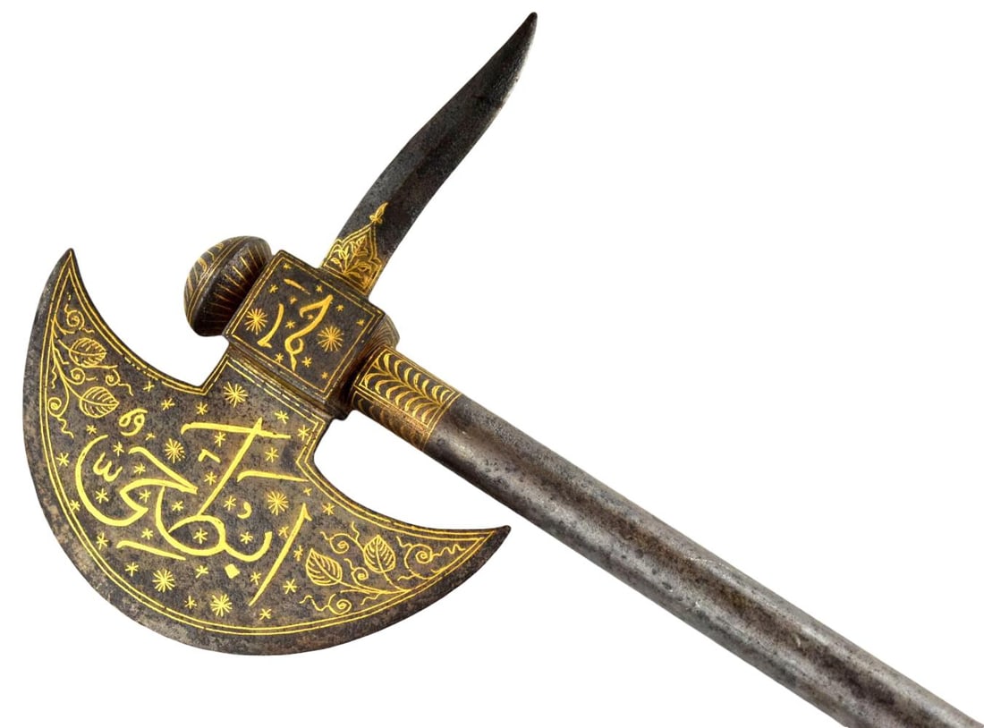 Very Fine 18th-19th C. Mughal Indian or Persian Fighting Axe with Gold Koftgari Inlays (1 of 20)
