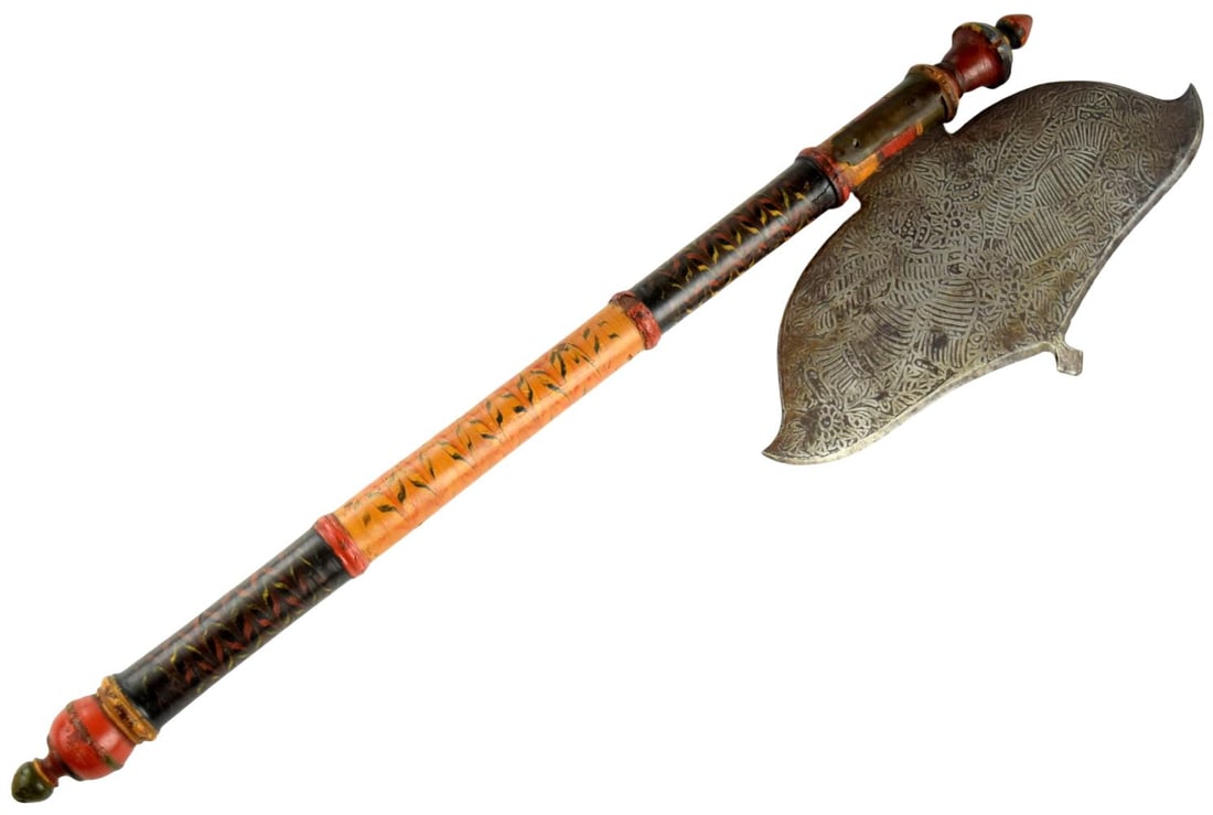Rare 18th–19th Century Indo-Persian Chiseled Steel Tabar Battle Axe with Decorated Lacquered Haft (1 of 17)