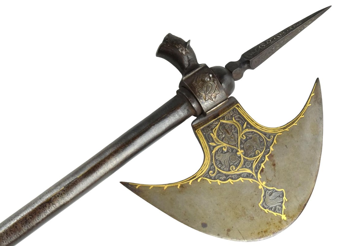 Fine 19th Century Persian Qajar Gold Koftgari Decorated Tabar Battle Axe (1 of 20)
