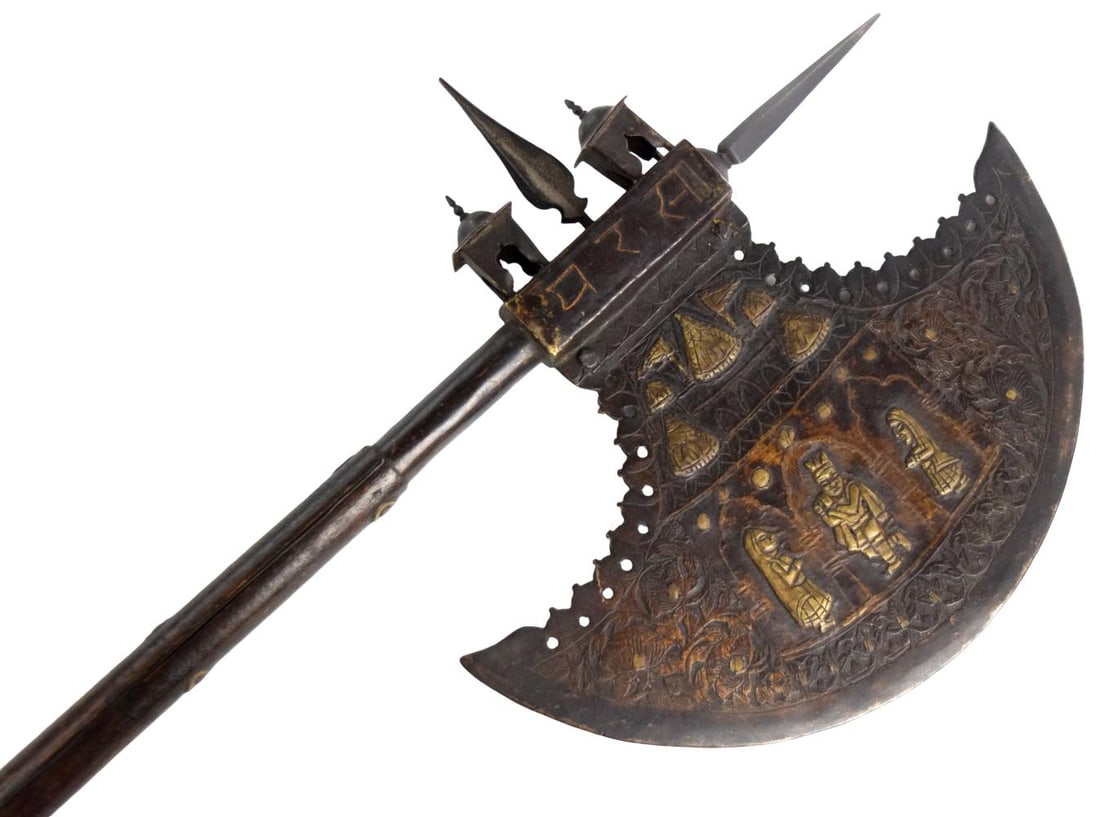 Massive Indo-Persian (Mughal) Ceremonial Tabar with Spear Finials and Gilt Decoration (1 of 20)
