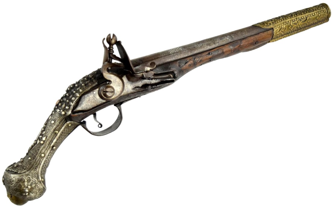 18th–19th Century Ottoman Turkish Silver Filigree & Gilt Flintlock Pistol with Gem-Set Stock (1 of 20)