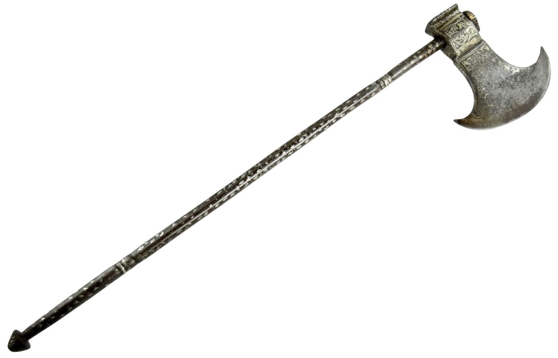18th–19th Century Mughal Indian Silver Koftgari Tabar Battle Axe, All-Steel Haft (1 of 20)