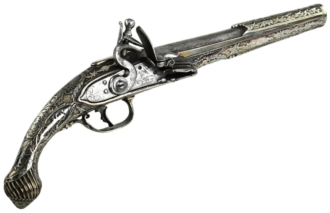 Exceptional 18th Century Balkan Silver-Mounted Flintlock Holster Pistol, Greek or Albanian, Ottoman (1 of 20)