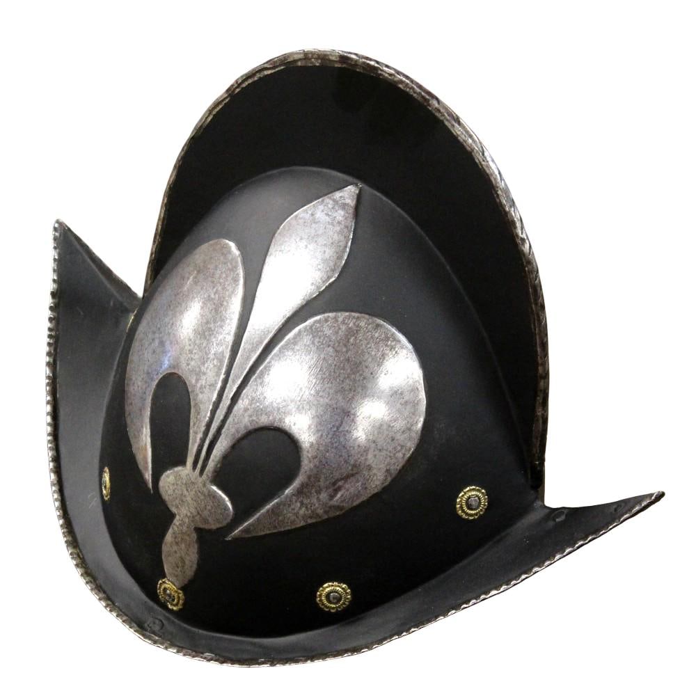 Original Late 16th Early 17th Century European Morion Helmet with Fleur-de-Lis Decoration: Original European Morion helmet dating to the late 16th or early 17th century, of classic high-combed form with upturned brim and applied fleur-de-lis ornament to the skull. The helmet retains its cha