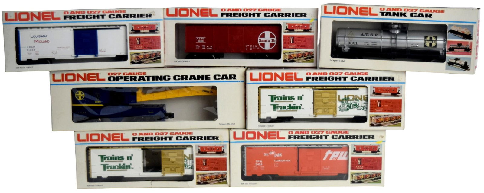 Lot 7 Lionel Train 0 & 027 Gauge Cars With Boxes: Lionel Train 0 & 027 gauge cars with boxes. Five freight carrier cars, tank car and operating crane car. All new old stock, unused. For additional images please visit sofedesignauctions.com