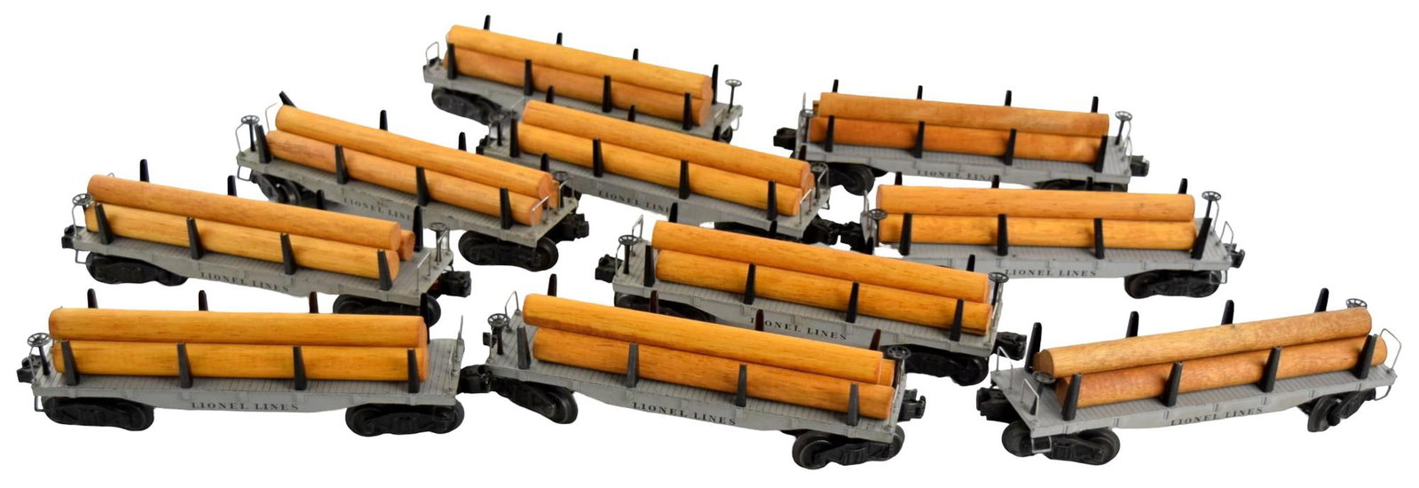 Group 10 Postwar Lionel Lines Flatcars With Logs: Group of 10 postwar Lionel Lines O Gauge model train flatcars with logs. For additional images please visit sofedesignauctions.com Detailed condition reports are not included in this cat