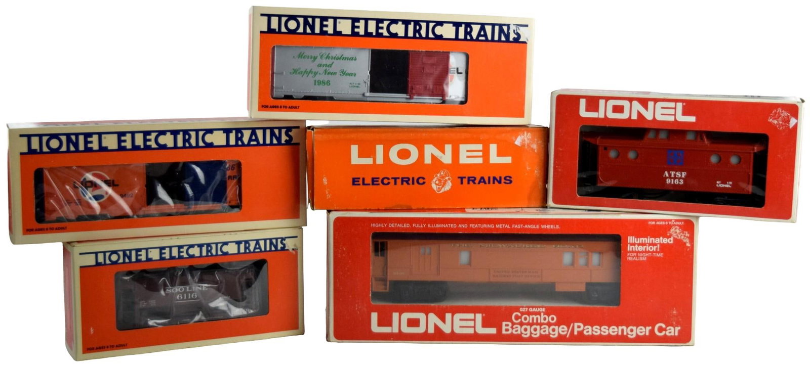 Postwar Lionel # 9491, 9163, 3370, 9506, 9492, 6116 Freight Cars Set: Wonderful Lionel postwar semi-scale set of Freight Cars. This features the No. 9491 Merry Christmas 1986 Car, the No.9163 ATSF Caboose , the No.3370 Wells Fargo Sheriff Outlaw Boxcar, the No.9506 Comb