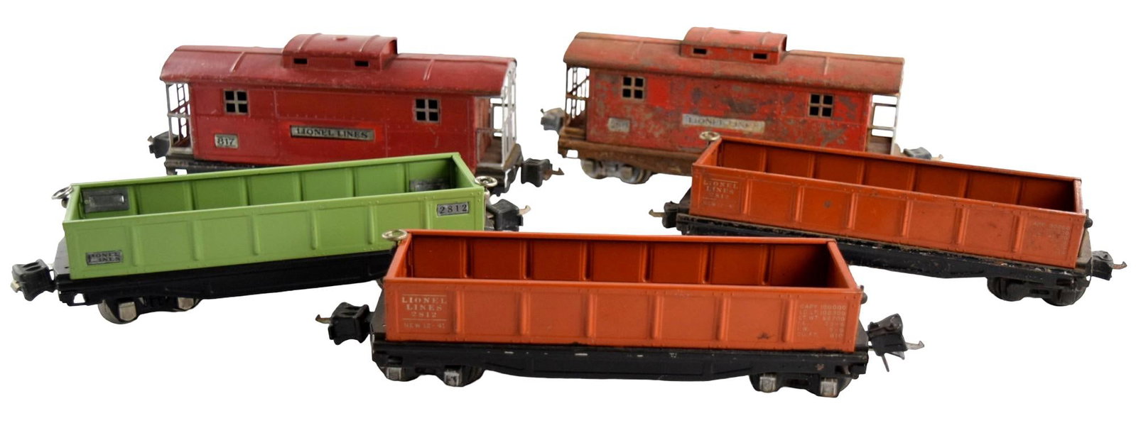 Group Lionel O Gauge Prewar 2812, 2817, 817 Cars: Wonderful Lionel prewar semi-scale set of Freight Cars from 1940-41. This features the No. 817 and No.2817 Caboose and three No.2812 Gondolas. For additional images please visit