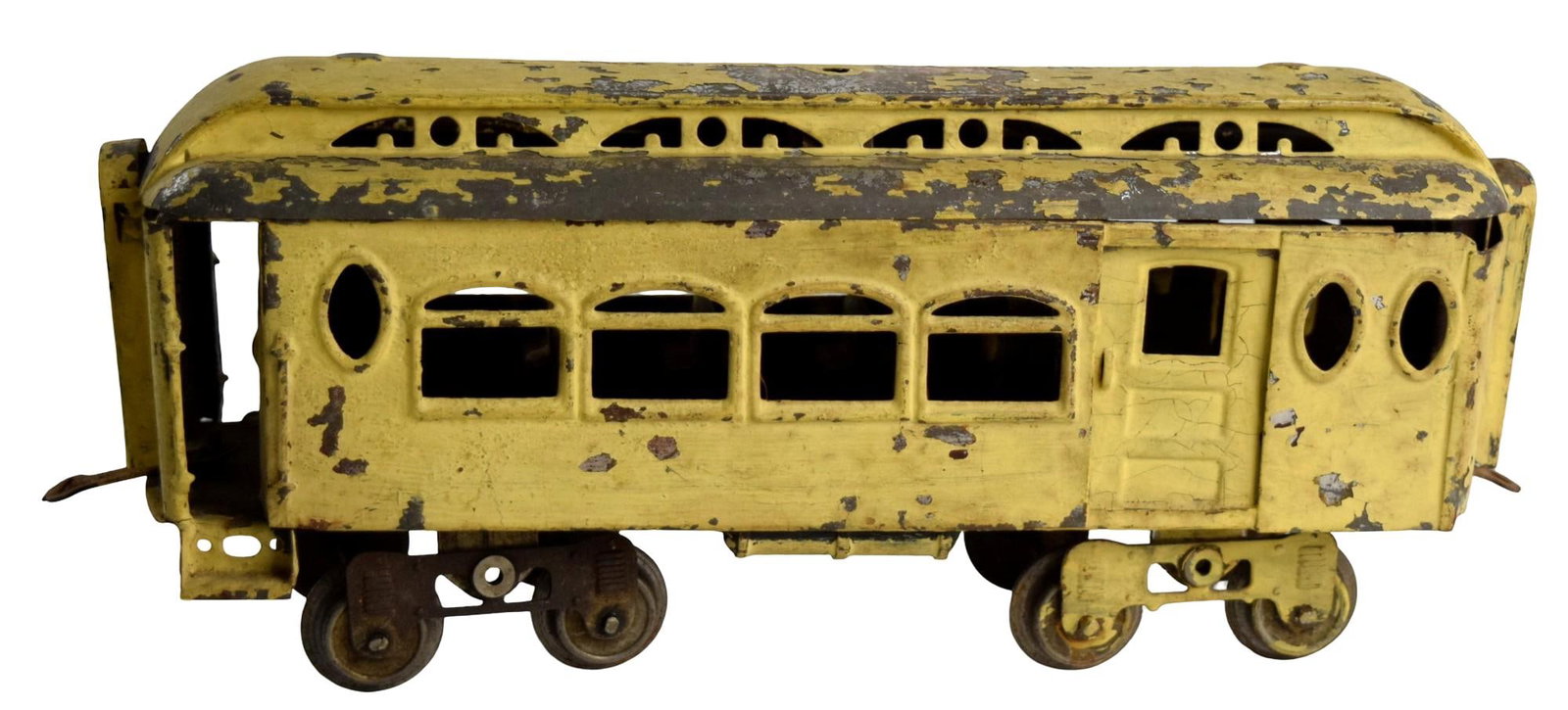 Large Early Tin Yellow Trolley Street Car: Large early tin yellow trolley street car. Original painting. Early 20th Century. For additional images please visit sofedesignauctions.com Detailed condition reports are not included i