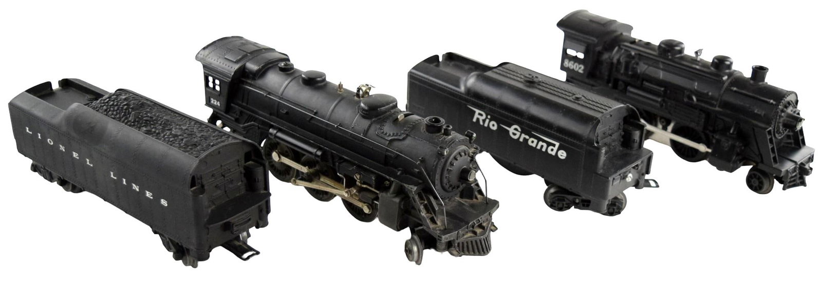 Vintage Lionel Lines 224 and Rio Grande 8602 Steam Engines With Tenders: Postwar Lionel Lines 0 Gauge steam engine locomotives #224 and Rio Grande #8602 with original tenders. The 224 steam engine is also known as a Prairie-type locomotive. This mid-size steam engine is a