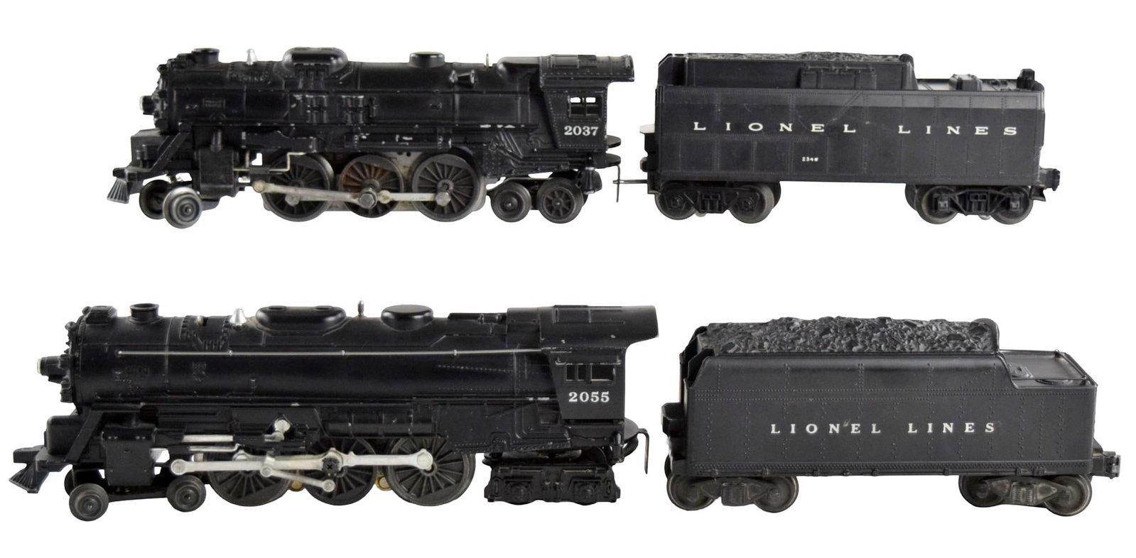 Vintage Lionel Lines 2037 and 2055 Steam Engines With Tenders: Postwar Lionel Lines 0 Gauge steam engines locomotives #2037 and #2055 with original tenders. The 2037 steam engine is also known as a Prairie-type locomotive. This mid-size steam engine is a dependab