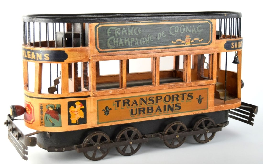 Vintage 1930s Wood & Cast Iron French Double Decker Street Trolley Bus: Rare vintage large iron and wood Paris double decker trolley car model "France Champagne de Cognac". Chat Noir Cafe Noir with metal mechanical wheels and front / back bumpers. Truly unusual and