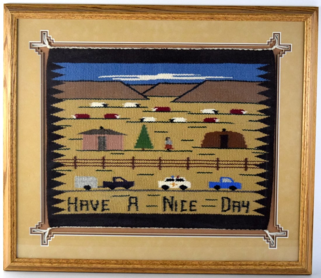 Have A Nice Day Native American Navajo Rug: Unusual "Have A Nice Day" Native American Navajo rug. Rug depicting Indian person watching running cars including police car. Great details. Exclusive custom made frame. Size: 28 1/2" x 24 1/2"