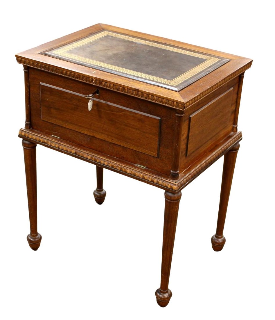 Mahogany Coins Medals Collectors Display Cabinet: Coin / medal collectors cabinet. Three pullout trays. Side table with gilt tooled style. Leather top. Size: 24 1/4" x 20 1/4" x 15 1/4". For additional images please visit sofedesignauctions.com