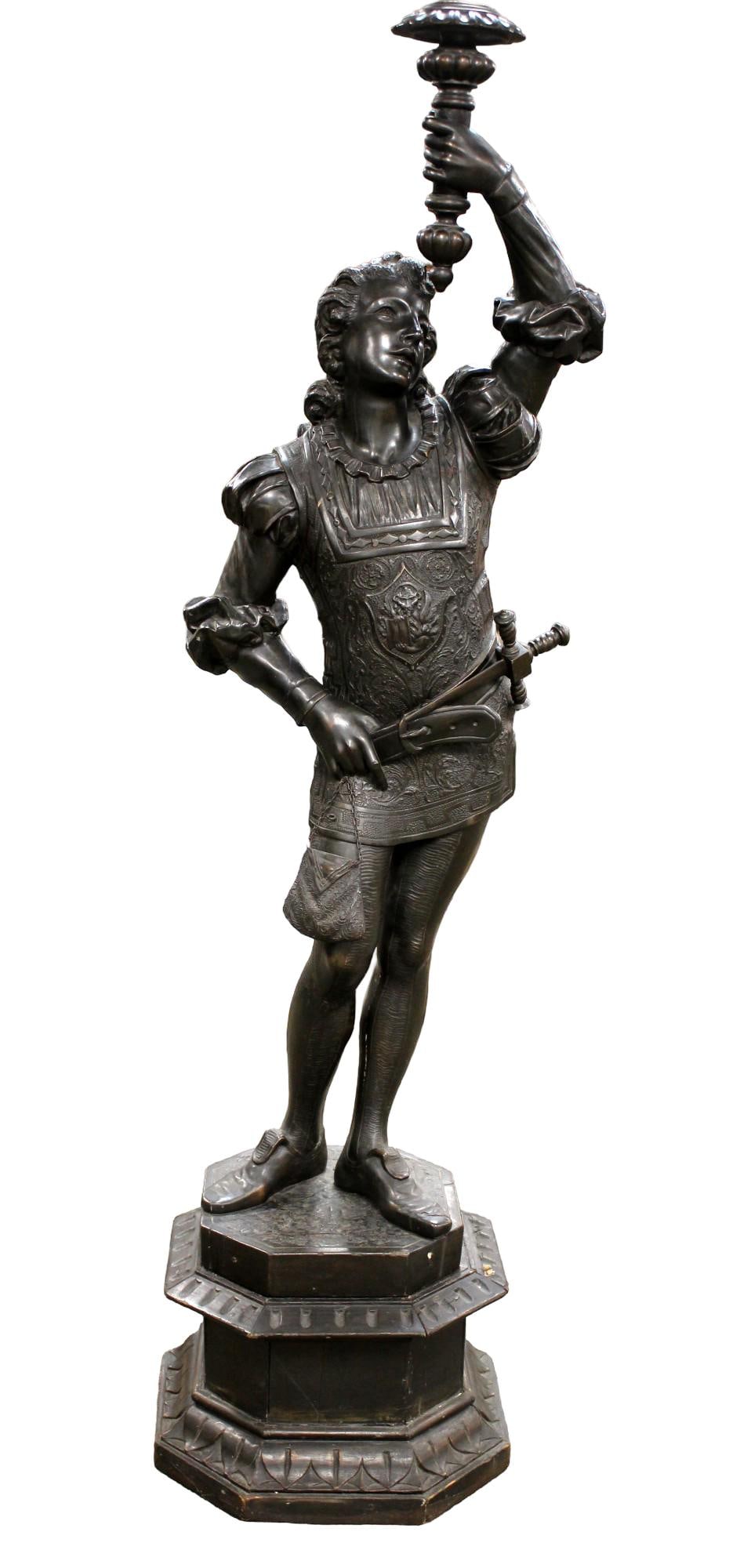 19th C Life Size Carved Wood Statue Of Renaissance Era Cavalier With Torch: Amazing 19th Century life size carved wooden statue of Renaissance-Era cavalier holding a torch form socket, often used to mounted the lamp. Stunning quality and details. Provenance: antique dealer