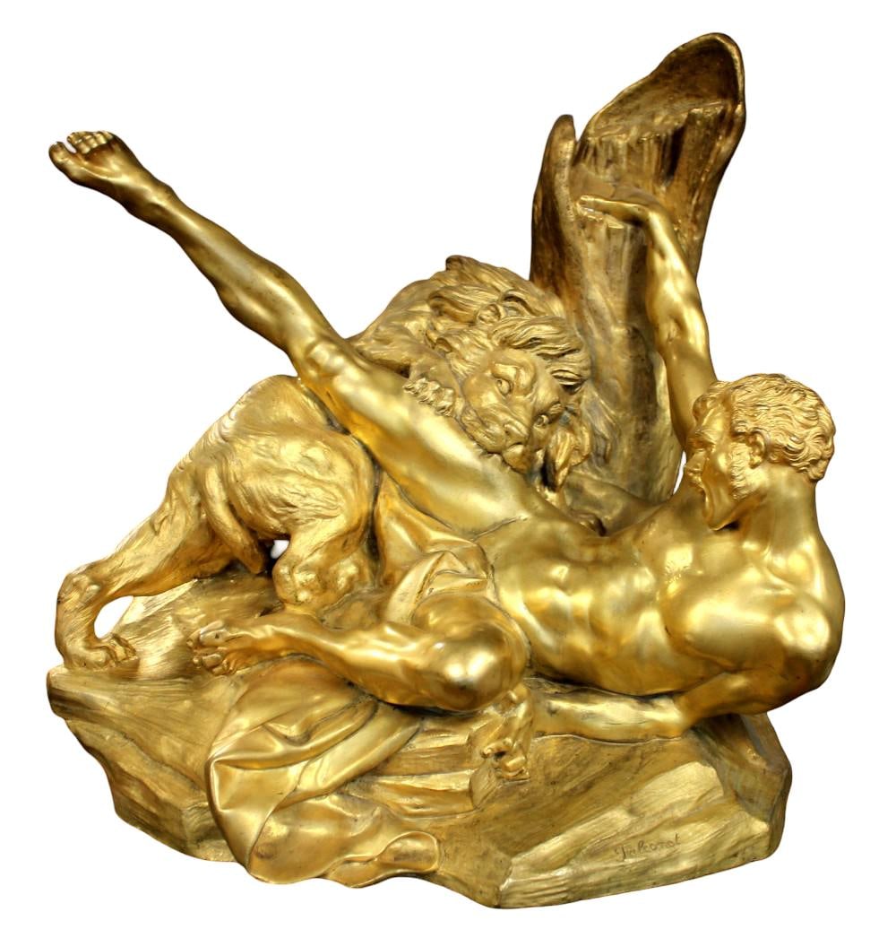 French 19th Century Bronze Figure Milo of Croton & Lion After Falconet: French 19th Century Bronze Figure Milo of Croton & Lion After Falconet. A very fine French 19th century Patinated bronze Figure of "Milo of Croton and the Lion" after the marble sculpture of Milon de