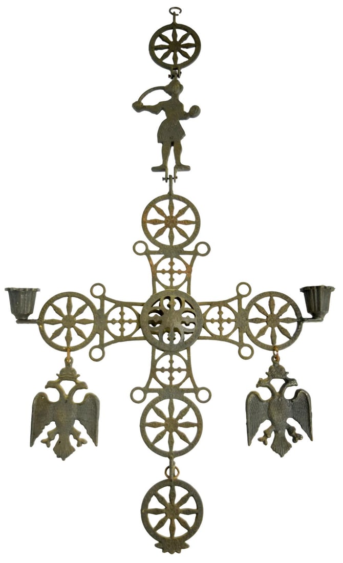 Byzantine Orthodox Brass Cross Candle Holder: Fantastic Antique Vintage Large Brass Byzantine Celtic Cross with 2-headed Eagle Candle Holders Pendant. Early 20th Century. Size: 24" x 16" For additional images please visit sofedesignauct