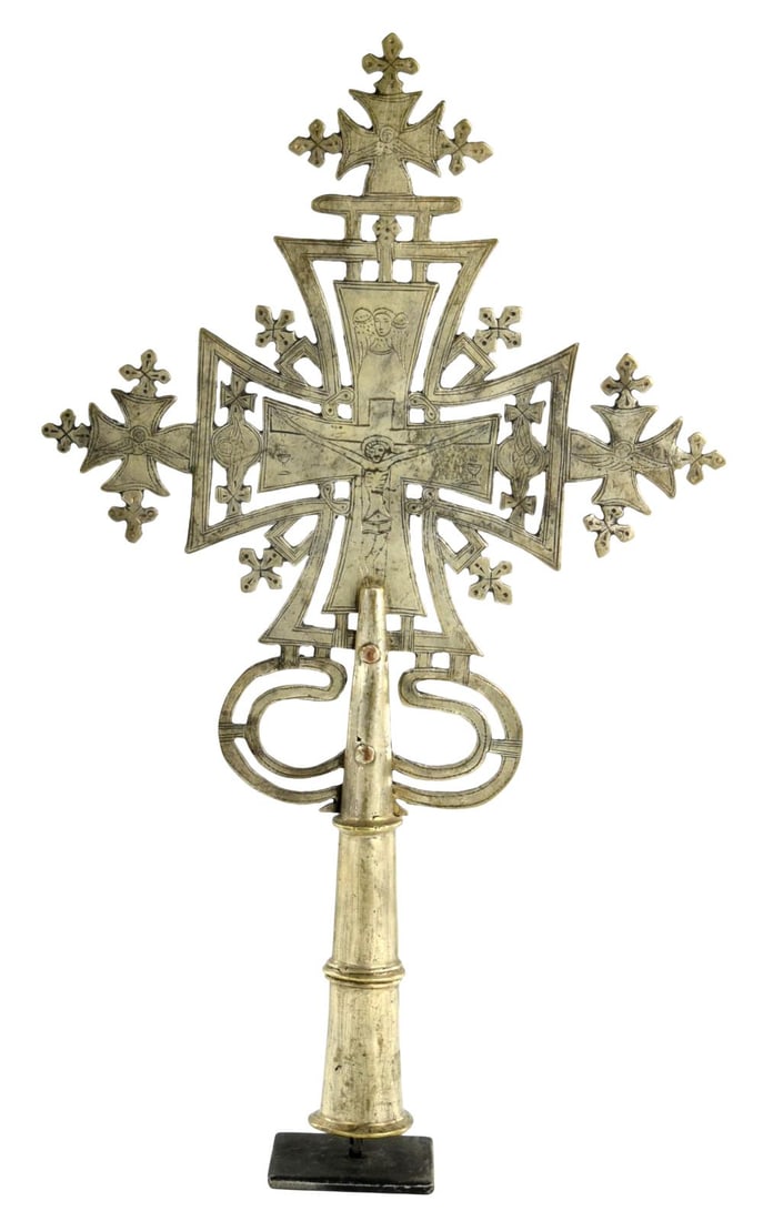 Ethiopian Orthodox Processional Cross Coptic: Cross belongs to the group of processional crosses which accompanies each procession of the Ethiopian Orthodox Church. It has a hollow shaft for mounting on a wooden handle, so that it can be carried 