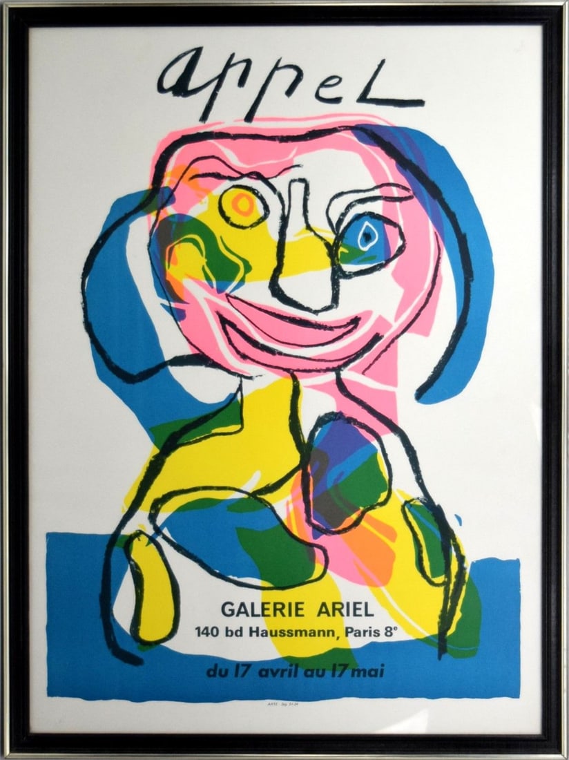 1971 VINTAGE ORIGINAL KAREL APPEL GALERIE ARIEL POSTER: This work by Dutch artist Karel Appel was chosen as the exhibition poster for a show at the Galerie Ariel in Paris in 1971 which featured his work. Size: 30" x 22". Karel Appel (1921-2006) was born in