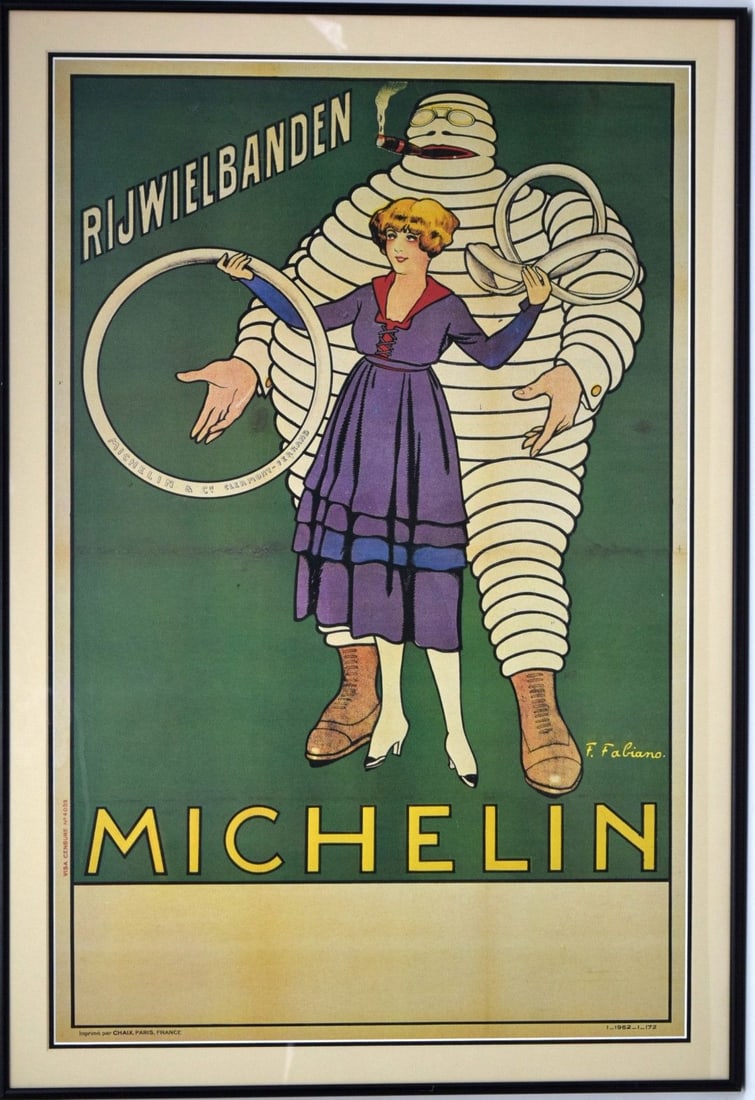 Original Antique Poster Michelin Man Bicycle Tires Iconic Bibendum: Original antique Michelin poster advertising bicycle tires - Enveloppe Velo Michelin - featuring a great design by Fabien Fabiano (1882-1962) depicting the Bibendum / Michelin Man character made out o