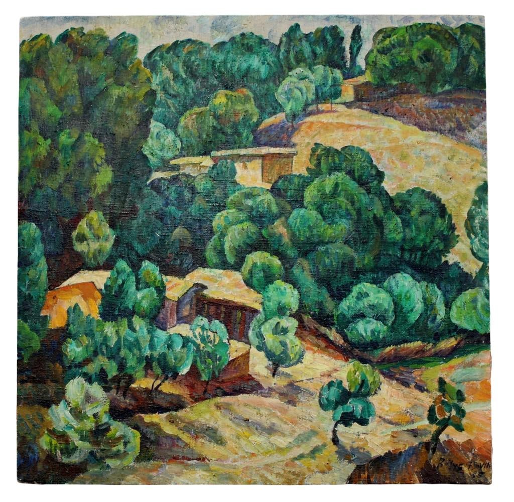 VLADIMIR CHUB (B. 1940) UZBEK / SOVIET LANDSCAPE OIL PAINTING: Vladimir Chub (Russian/Uzbek, b. 1940). Original oil on canvas depicting a sunlit Central Asian landscape with houses nestled among dense trees and rolling hills. Signed and dated lower right, 1991 (V