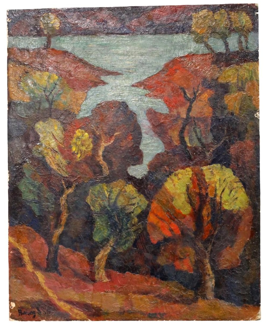 VLADIMIR CHUB (RUSSIAN/UZBEK, B. 1940) OIL PAINTING "AUTUMN", 1986: Vladimir Chub (Russian/Uzbek, b. 1940), "Autumn", 1986. Oil on board. Signed lower left. Inscribed and dated on the reverse and retaining an original label from the Central Salon of the Art Fund of Uz
