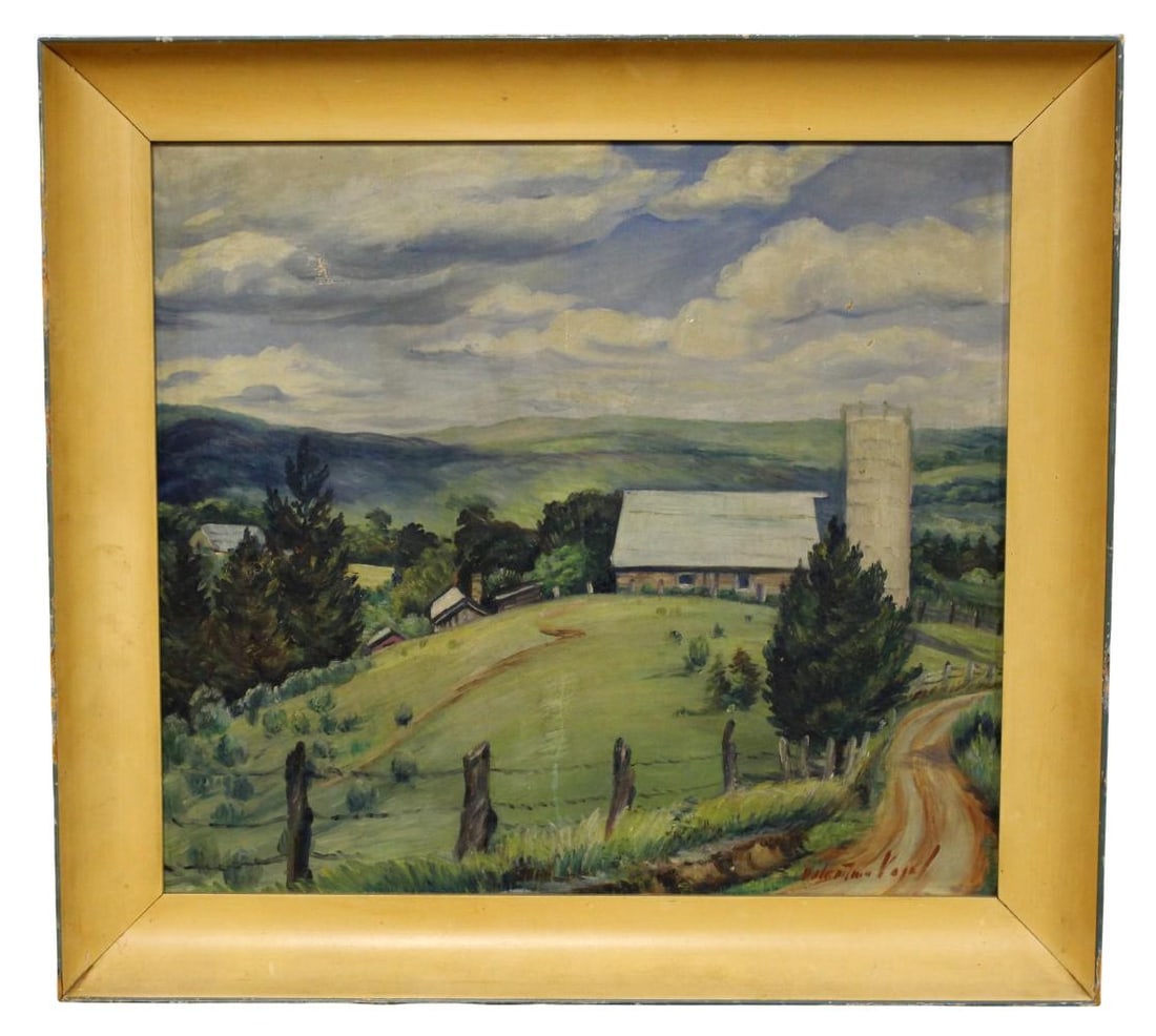American Valentine Vogel Oil On Canvas Landscape: Oil on canvas landscape painting by listed American artist Valentine Vogel ( 1906-1965). A portrait, landscape, figure, mural and abstract painter, as well as a wood block printer, Valentine Vogel att