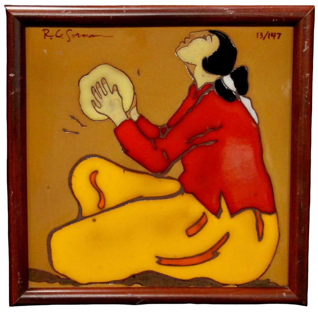 Limited Edition Signed R.C.Gorman Art On Ceramic Tile: Rare limited edition (13/147) signed art ceramic tile by Native American artist R.C.Gorman. Framed. Rudolph Carl Gorman (July 26, 1931 - November 3, 2005) was a Native American artist of the Navajo Na