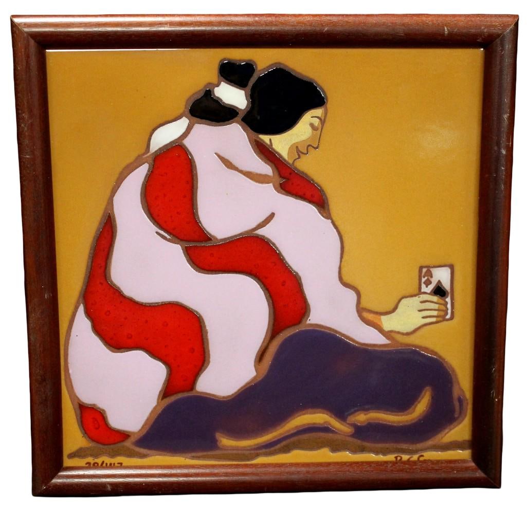 Limited Edition Signed R.C.Gorman Art On Ceramic Tile: Rare limited edition (29/147) signed art ceramic tile by Native American artist R.C.Gorman. Framed. Rudolph Carl Gorman (July 26, 1931 - November 3, 2005) was a Native American artist of the Navajo Na