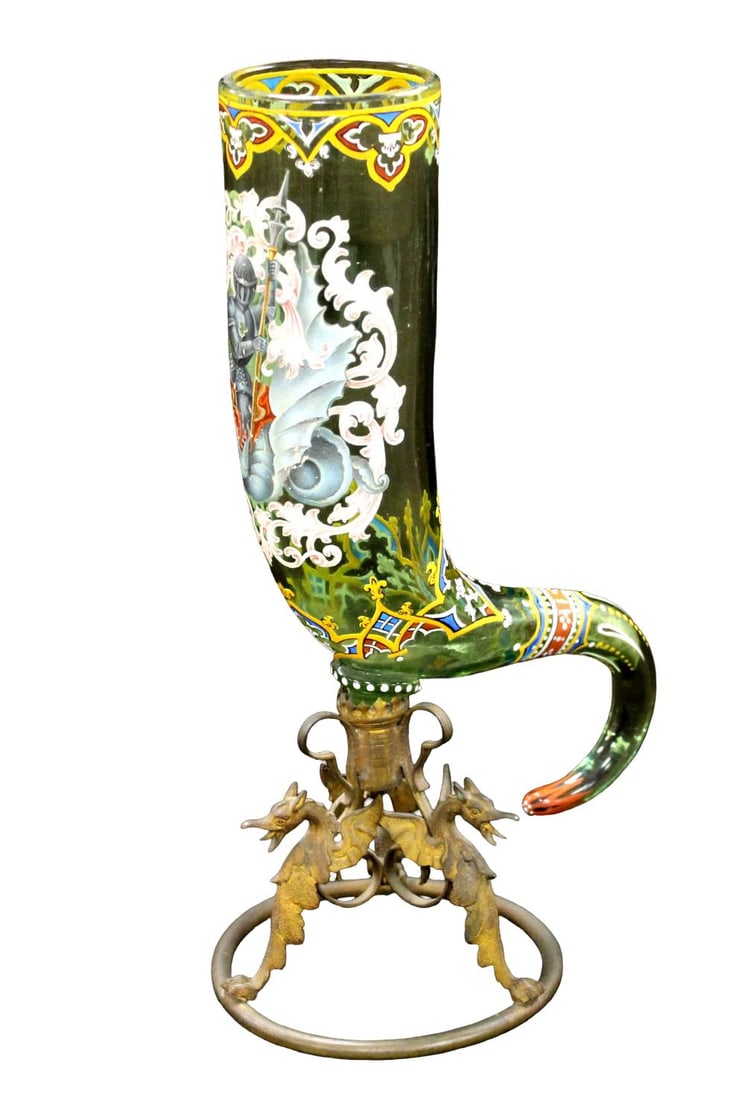 19TH CENTURY VIENNA ENAMEL CORNUCOPIA VASE With Dragon Support (1 of 15)